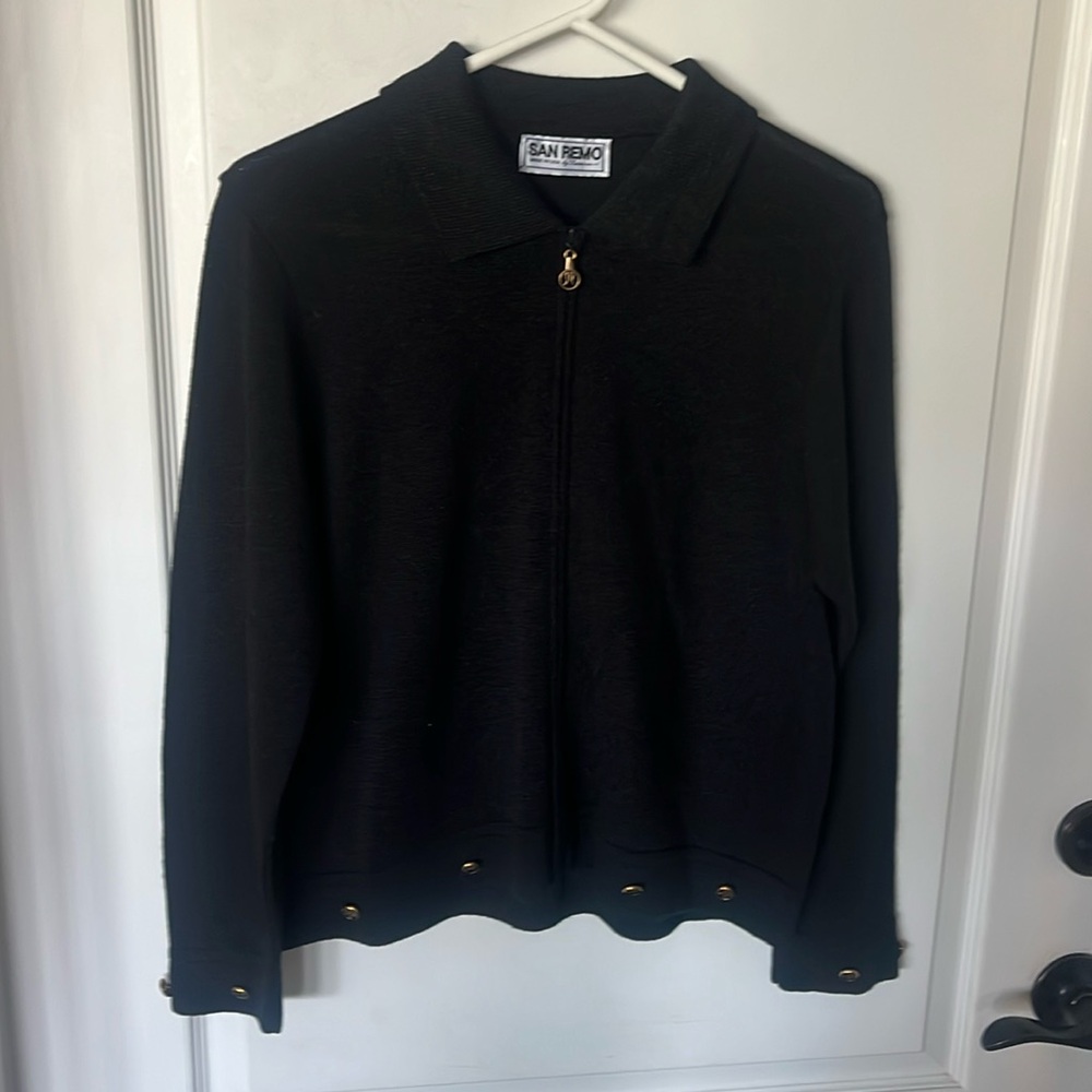 Vintage San Remo by Laura knits black zip up long sleeve cardigan sweater medium